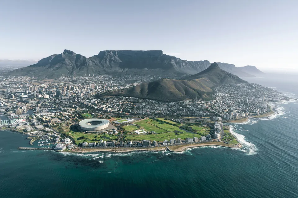 Aerial view of Cape Town and Table Mountain beside the coast